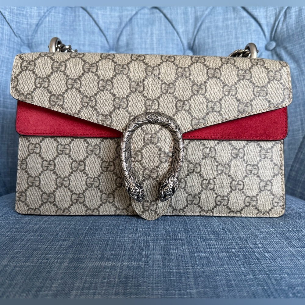 Gucci Dionysus Small GG Supreme Red Suede Shoulder Bag Authentic
